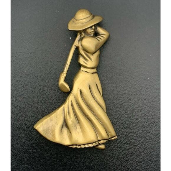 Vintage FORT Goldtone Polished LADY GOLFER Shape Pin Brooch Signed - Picture 2 of 4